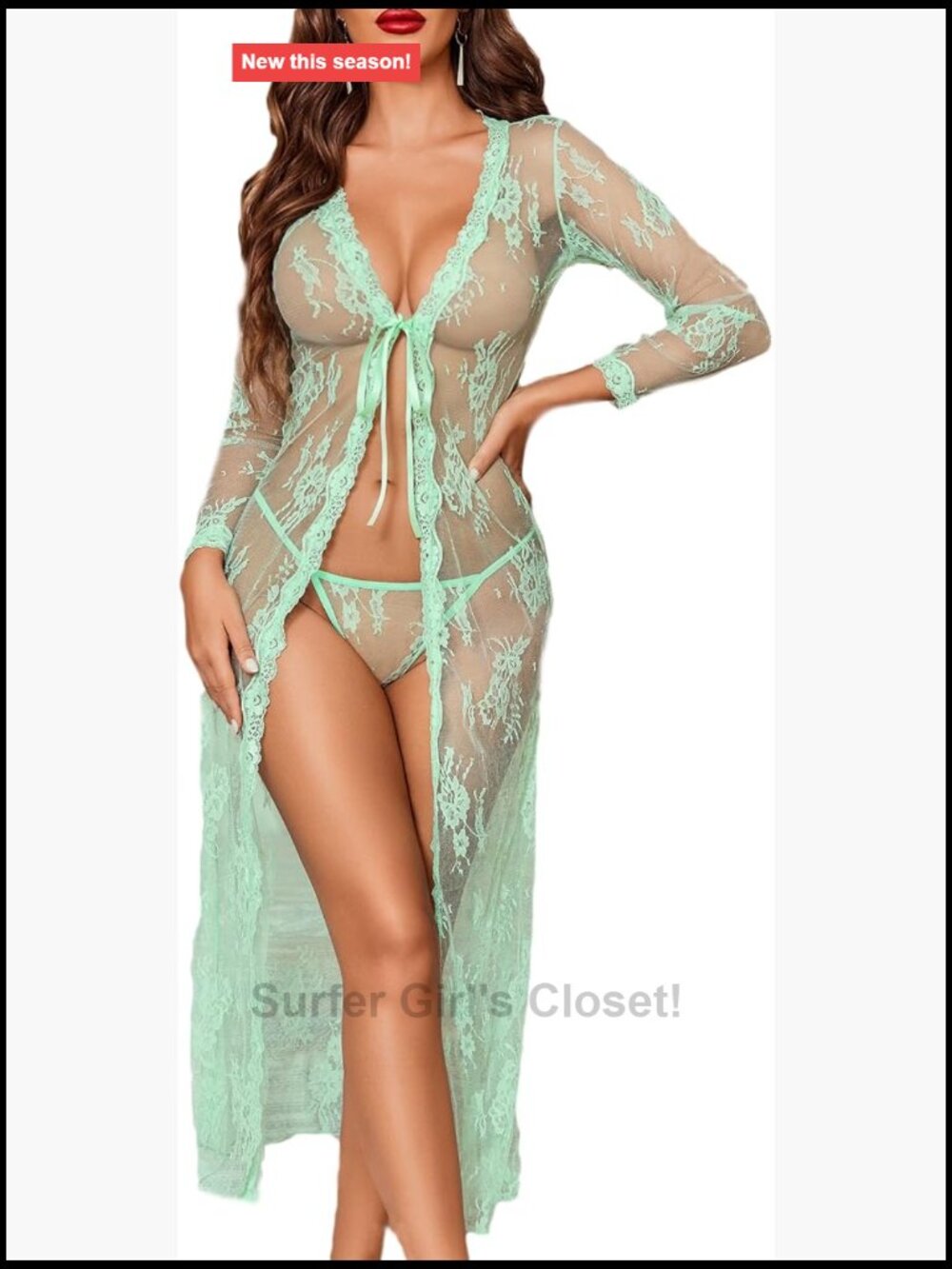 Sheer Lace Robe & G-String Set Long Kimono Sleepwear Coverup